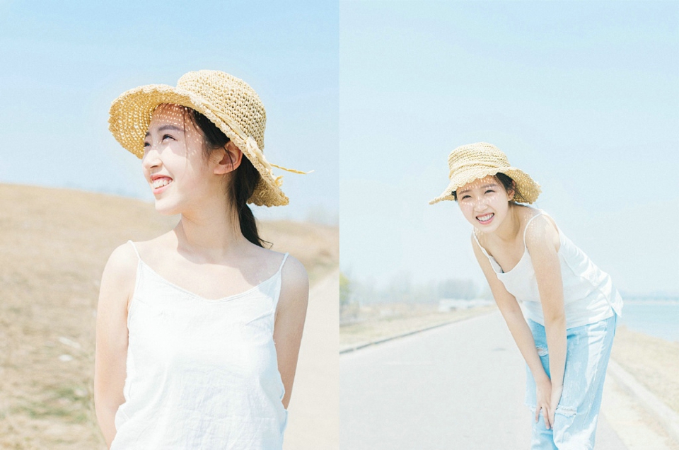 点击大图看下一张：夏日阳光下的草帽少女青春活力