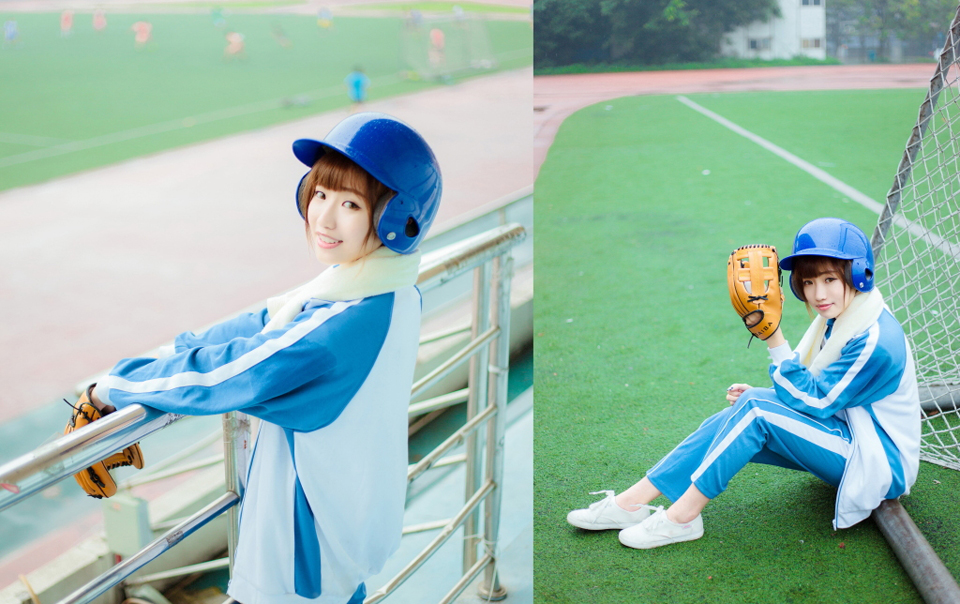 点击大图看下一张：蓝色运动服少女棒球场挥汗写真活力十足