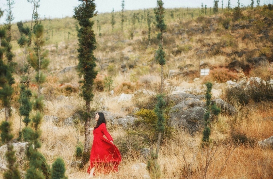 点击大图看下一张：气场强大女神荒野中黑发红裙吸睛