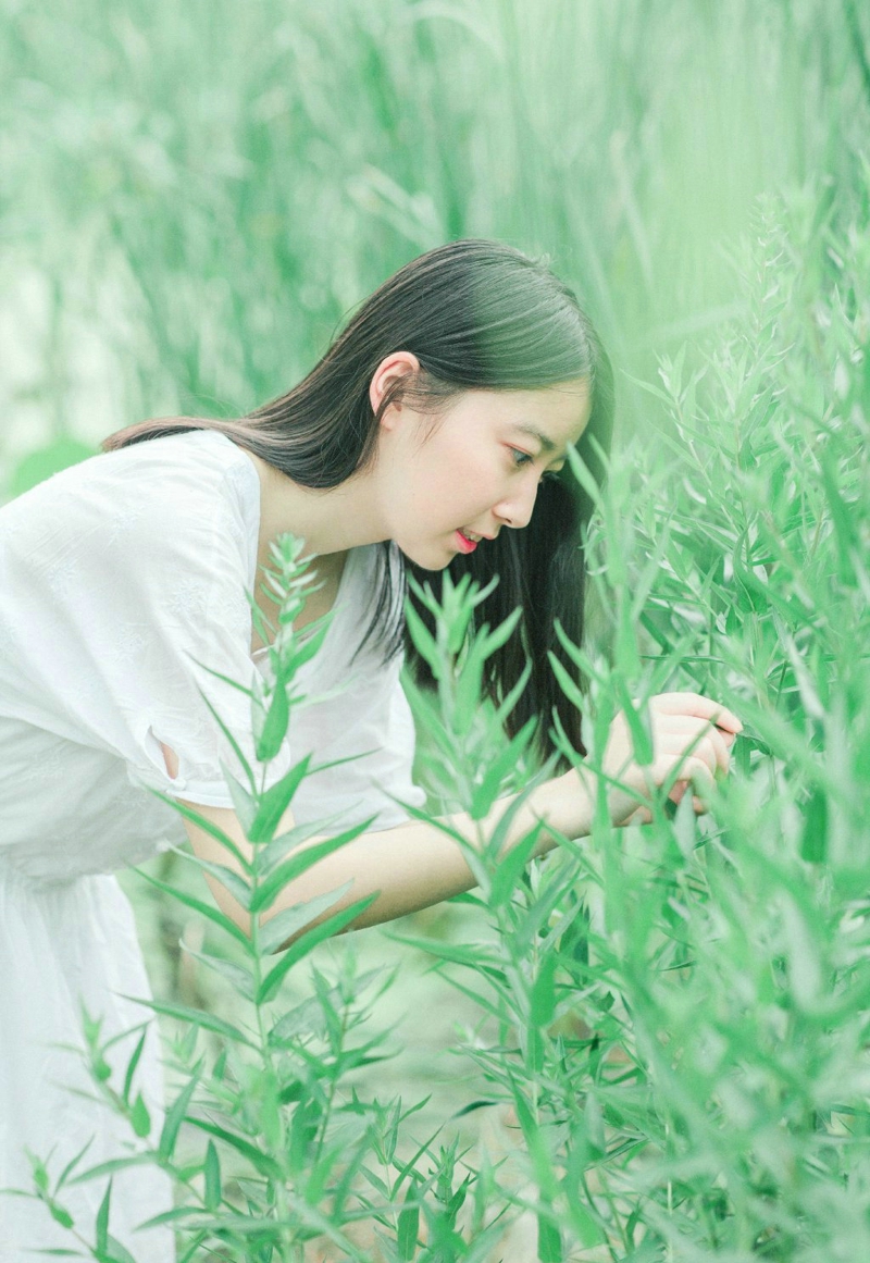 点击大图看下一张：草丛的中分少女亲近自然唯美写真