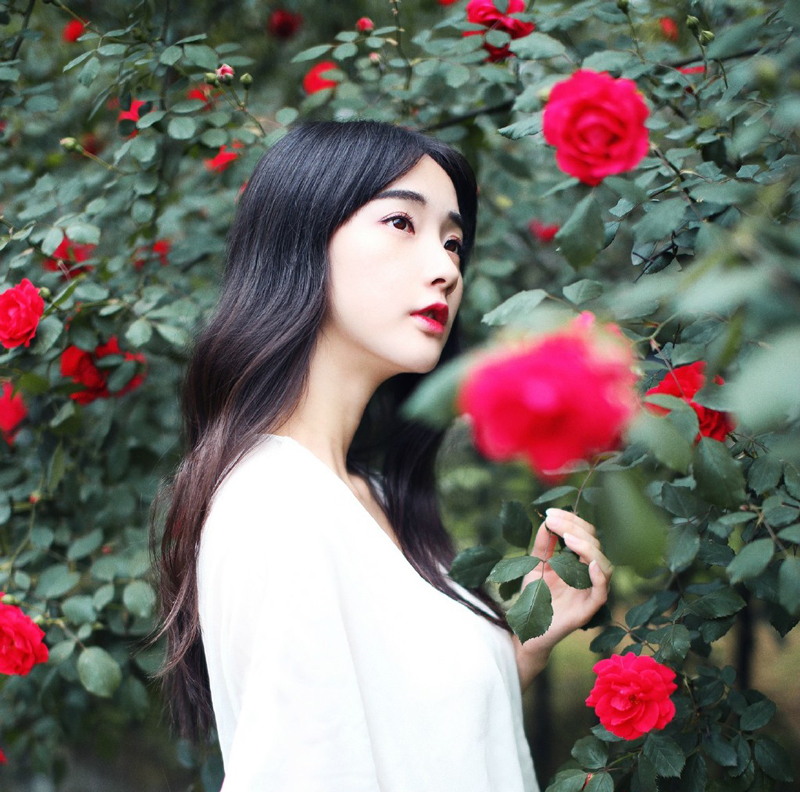 点击大图看下一张：白皙玫瑰少女雨季玫瑰园浪漫写真
