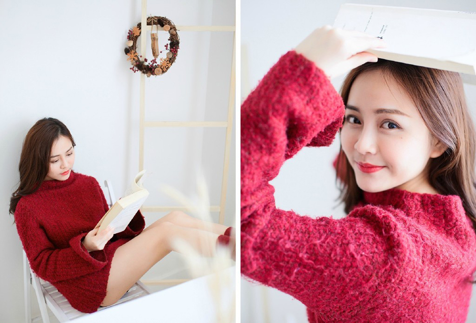 点击大图看下一张：红色毛衣美女暖冬私房写真气质优雅清新迷人