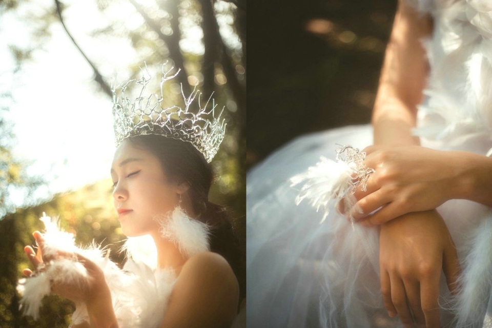 点击大图看下一张：森林处的淡雅迷人美女皇冠气质轻纱