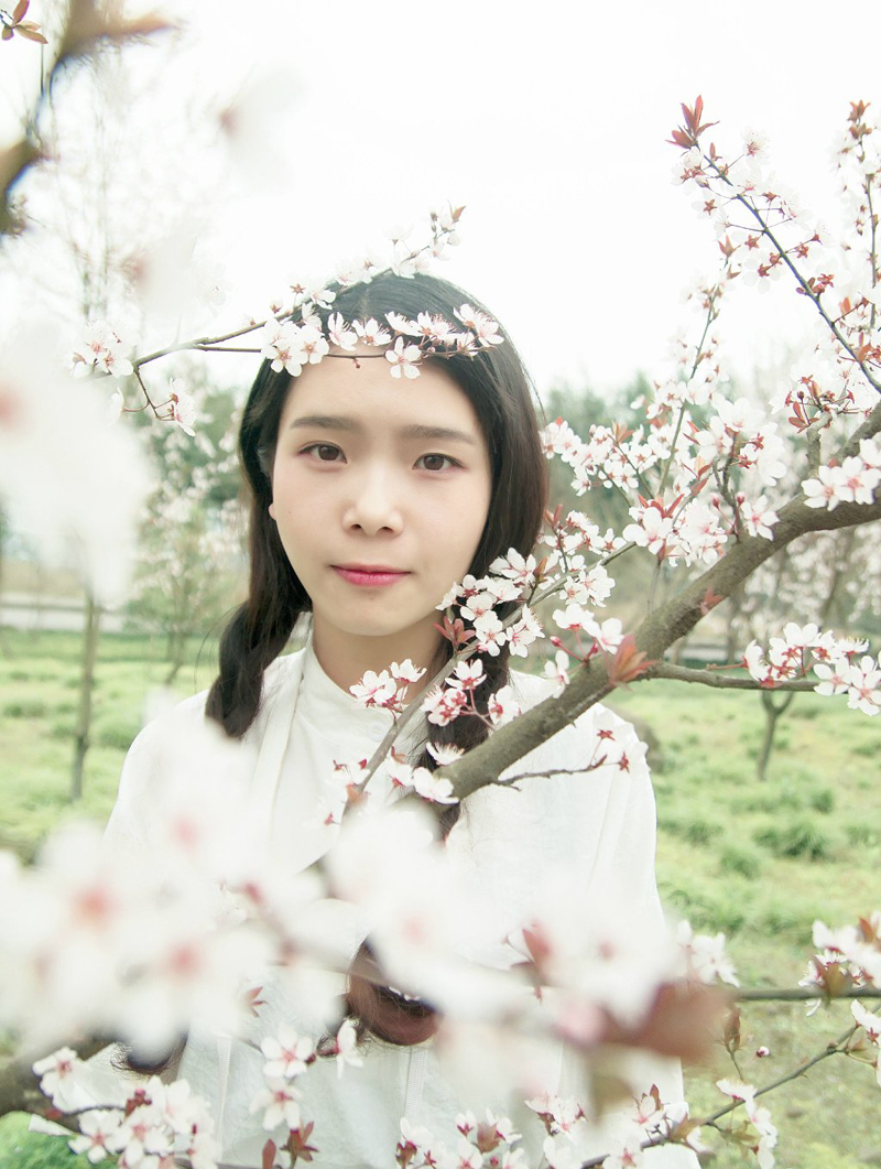 点击大图看下一张：樱花树下的可爱双马尾小脸少女清新写真