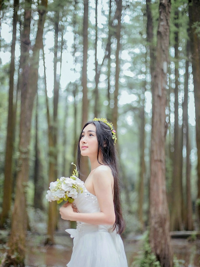 点击大图看下一张：丛林处的婚纱美女清爽唯美写真