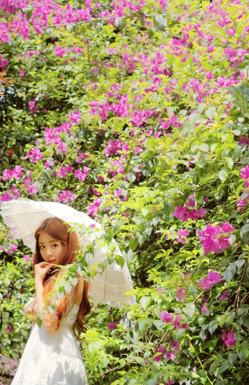 点击大图看下一张：鲜艳花朵中的韩系可爱圆脸少女