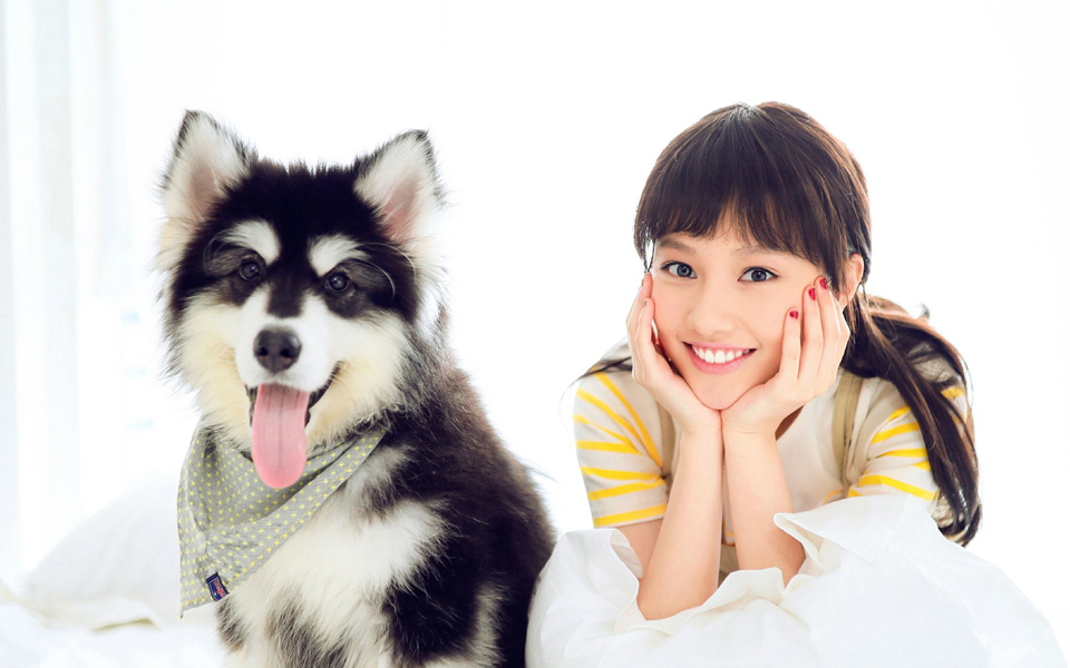 点击大图看下一张：清纯女星王鹤润与可爱小狗狗清新写真