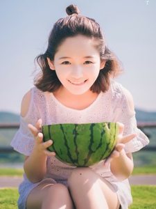 日本00后小美女与西瓜的夏天阳光温馨写真