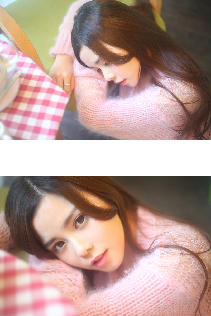 点击大图看下一张：韩系妹纸粉嫩甜美镂空毛衣写真清纯可人