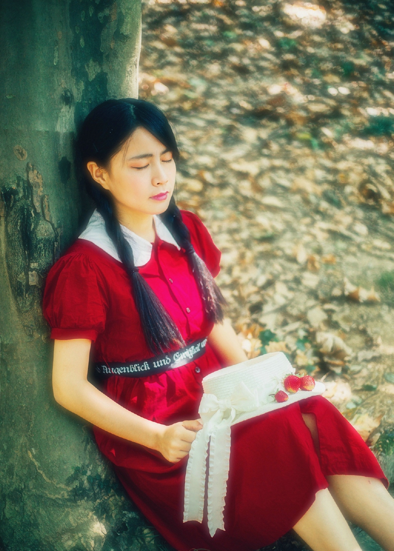 点击大图看下一张：绿林内的红色连衣裙麻花辫姑娘复古写真