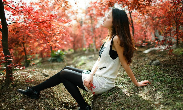 点击大图看下一张：枫叶下的漂亮美女黑丝美腿飘逸长发很迷人