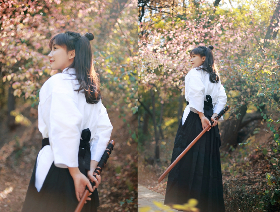 点击大图看下一张：深秋枫林内的剑道少女清爽可人