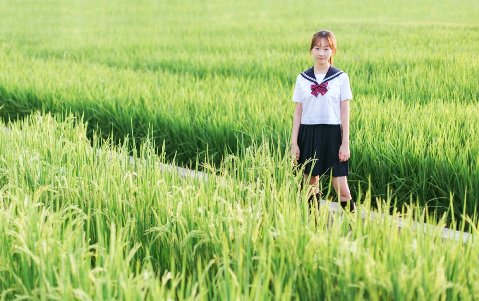 点击大图看下一张：田野中的马尾校服少女自然柔美写真