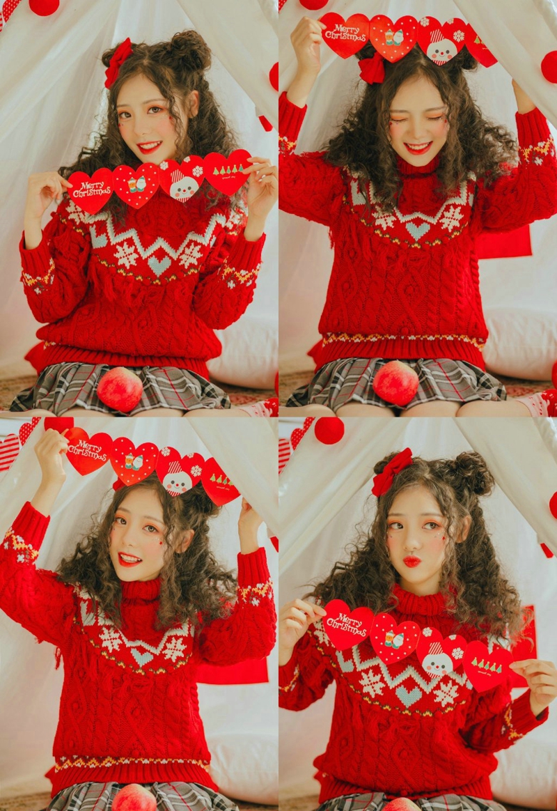 点击大图看下一张：可爱圣诞妹子自然卷红色毛衣靓丽写真