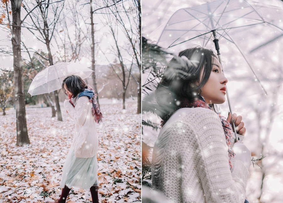 点击大图看下一张：大雪纷飞下漫步的短发少女高冷纯净