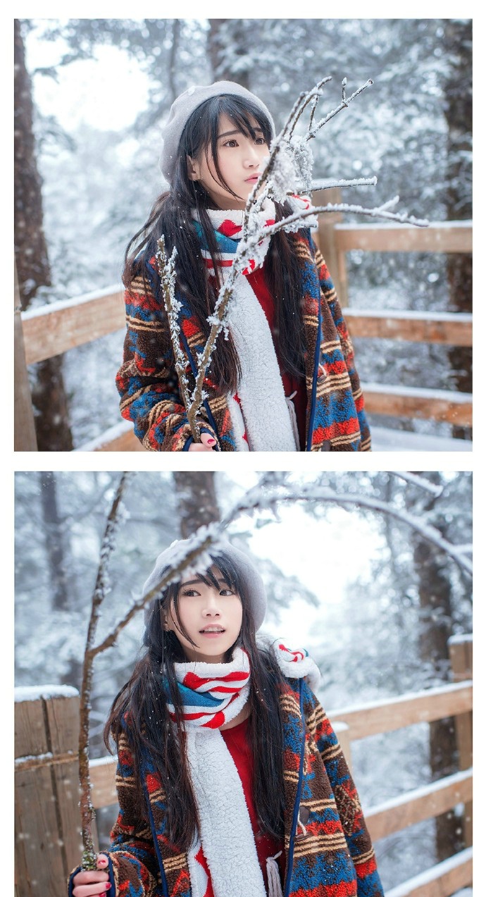 点击大图看下一张：冬季甜美白皙少女清新郊外写真养眼可人