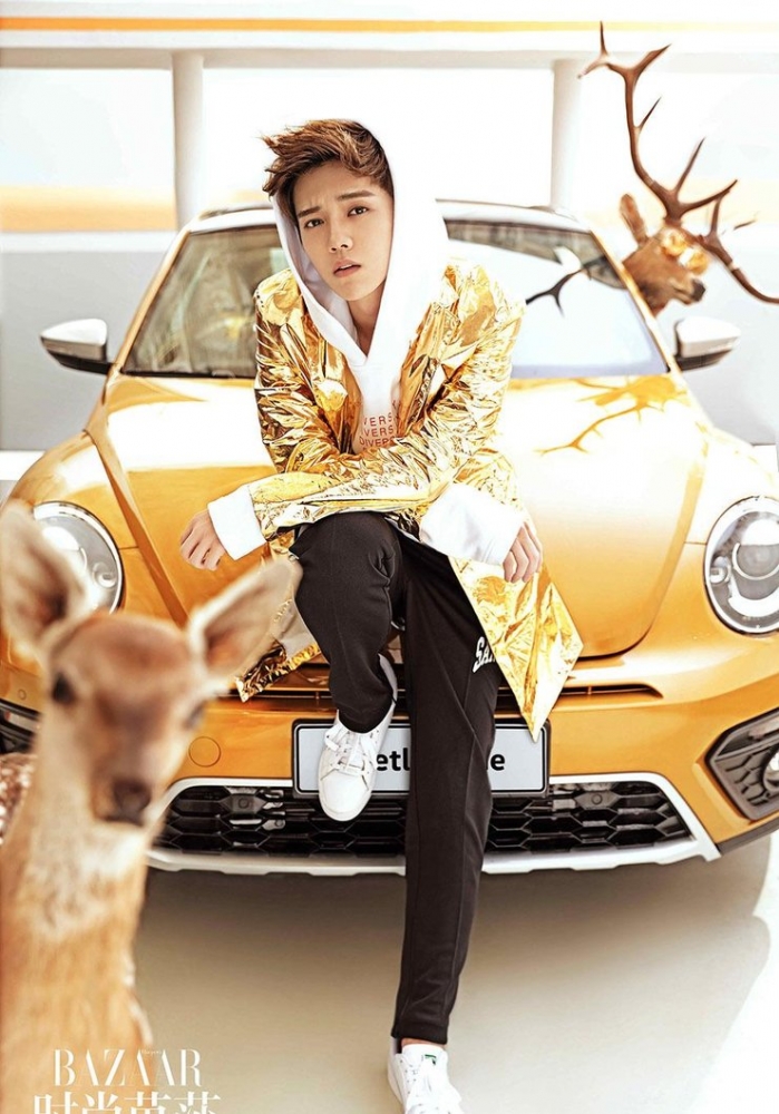 点击大图看下一张：鹿晗首秀肌肉青春十足 披黄金战甲与鹿同行