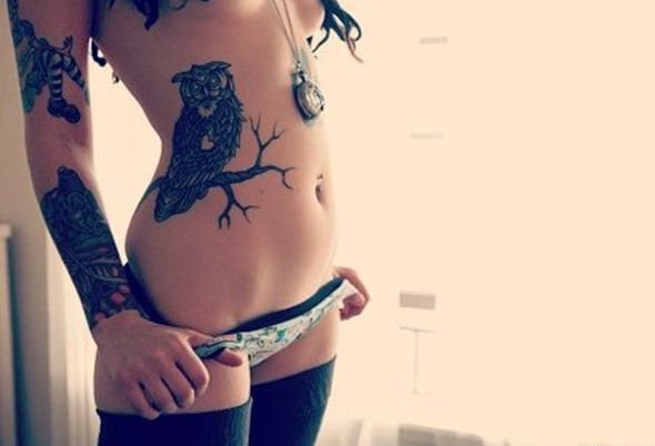 点击大图看下一张：女性身上帅气的猫头鹰纹身图案