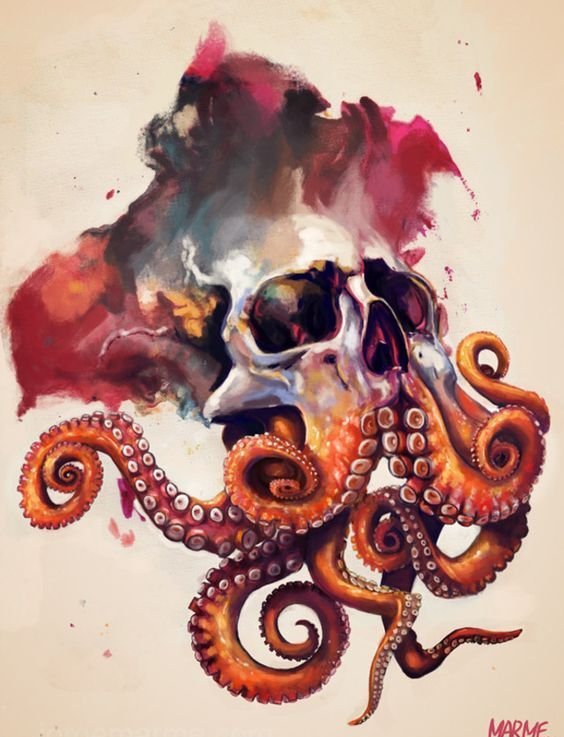点击大图看下一张：大章鱼骷髅头纹身图案手稿素材