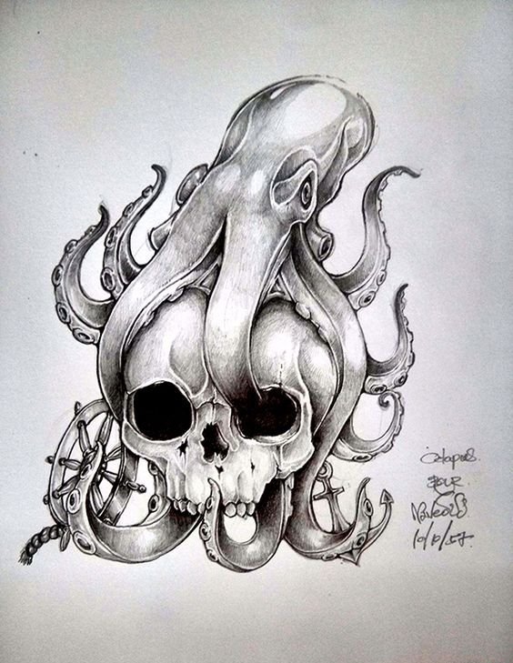 点击大图看下一张：大章鱼骷髅头纹身图案手稿素材
