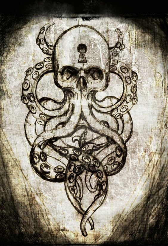 点击大图看下一张：大章鱼骷髅头纹身图案手稿素材