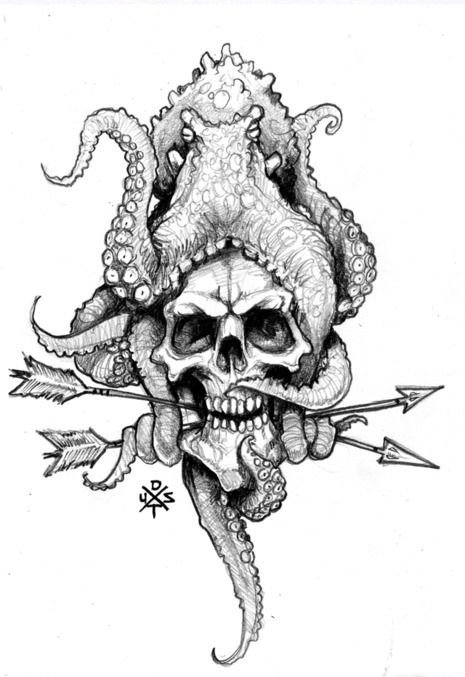 点击大图看下一张:大章鱼骷髅头纹身图案手稿素材