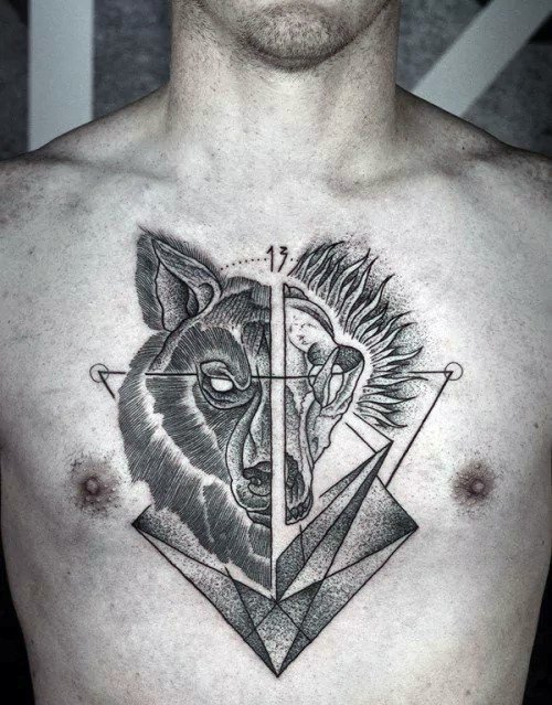 点击大图看下一张：男性霸气的满胸狼纹身图案