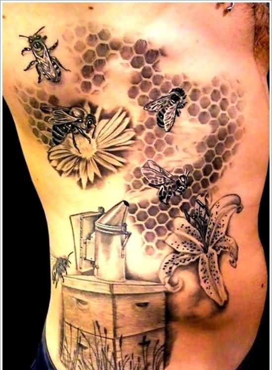 点击大图看下一张：辛勤劳作的蜜蜂纹身图案
