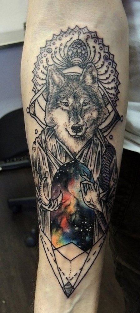 点击大图看下一张：手小臂上帅气的智慧狼先生纹身图片