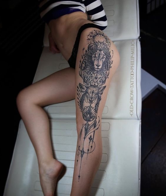 点击大图看下一张：女性大腿上各种样式漂亮的纹身图案