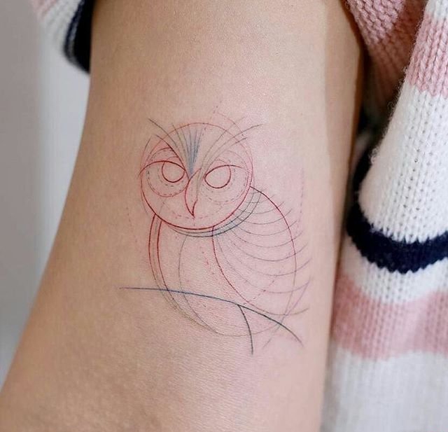 点击大图看下一张：女性手臂上清新的线条猫头鹰纹身图片
