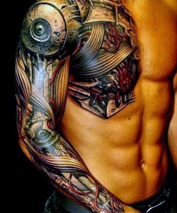 点击大图看下一张:刚强有力的男性生物机械齿轮花臂纹身图案