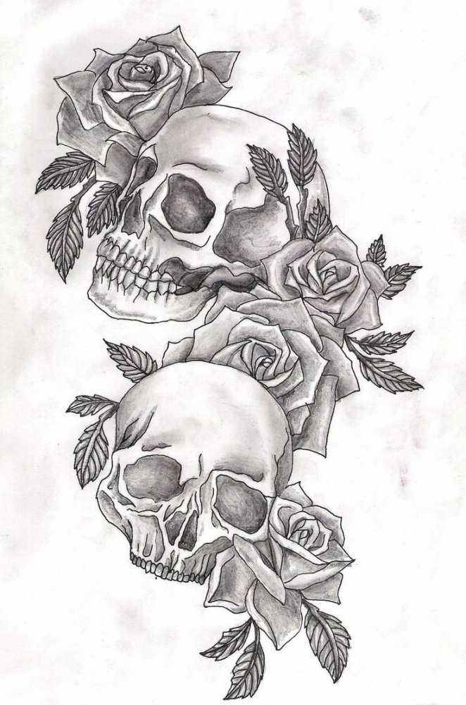 点击大图看下一张：多款黑灰色骷髅头和玫瑰花纹身图案手稿素材