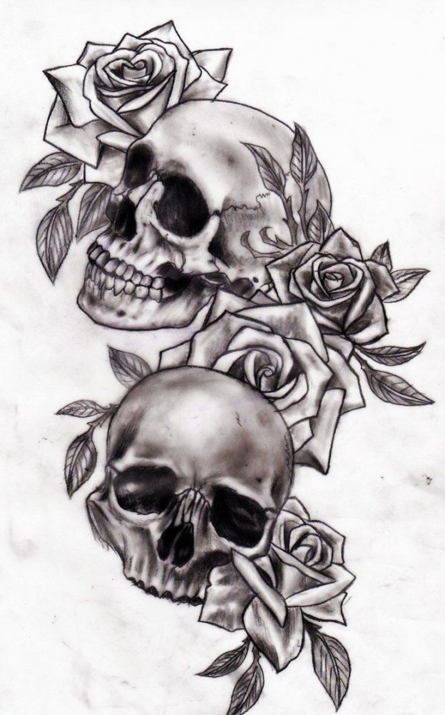 点击大图看下一张：多款黑灰色骷髅头和玫瑰花纹身图案手稿素材