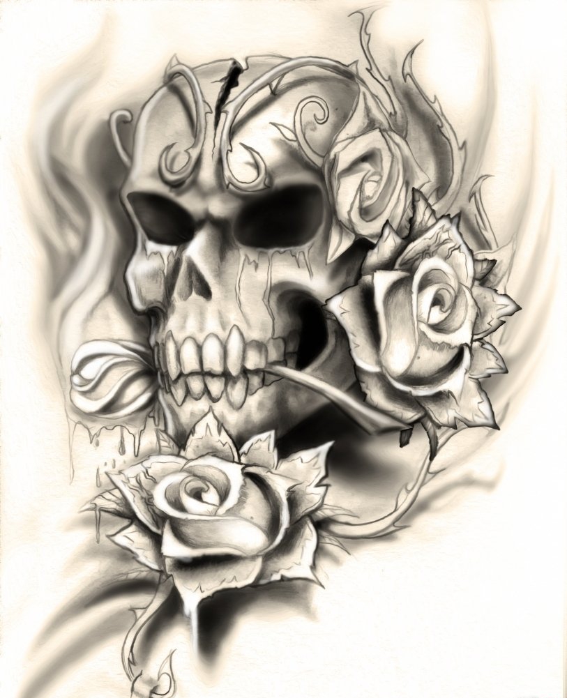 点击大图看下一张：多款黑灰色骷髅头和玫瑰花纹身图案手稿素材