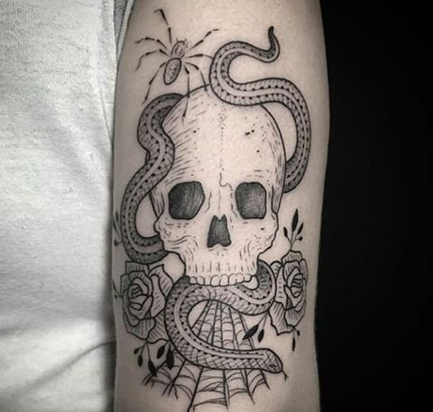点击大图看下一张：手臂上帅气的黑色骷髅头和蛇纹身图片