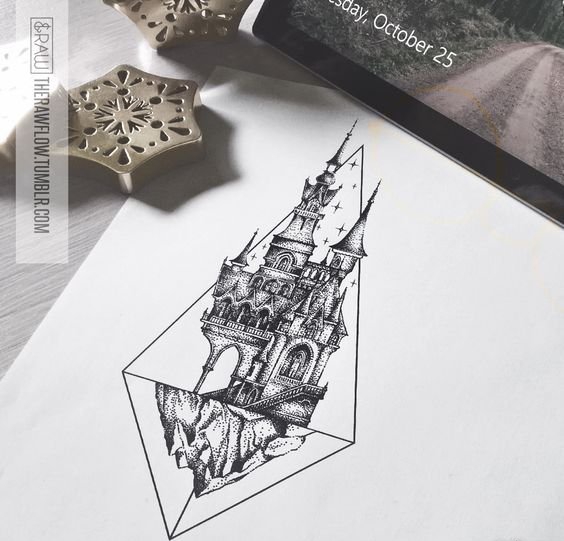 点击大图看下一张：简约风格城堡纹身图案手稿素材