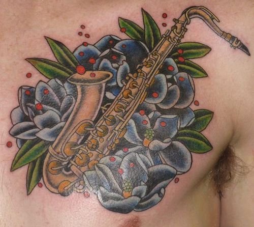 点击大图看下一张：多款帅气的乐器萨克斯纹身图案