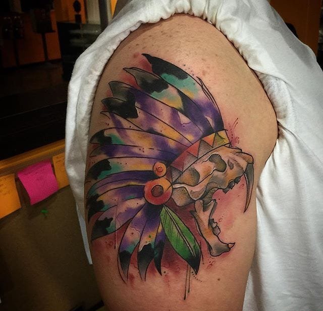 点击大图看下一张：10款漂亮的水彩印第安风格羽毛头饰纹身图案