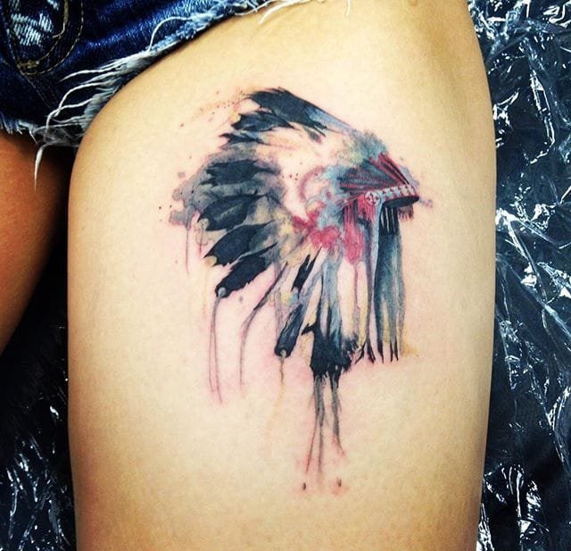 点击大图看下一张：10款漂亮的水彩印第安风格羽毛头饰纹身图案