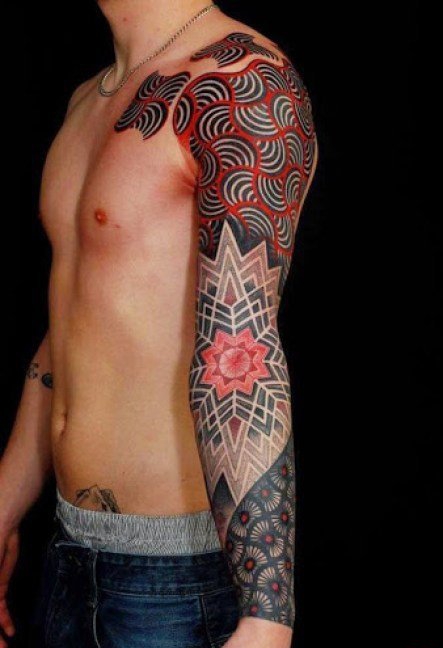 点击大图看下一张：男性阳刚有力的半甲花臂纹身图案