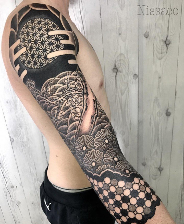 点击大图看下一张：男性帅气的几何图形花臂纹身图案