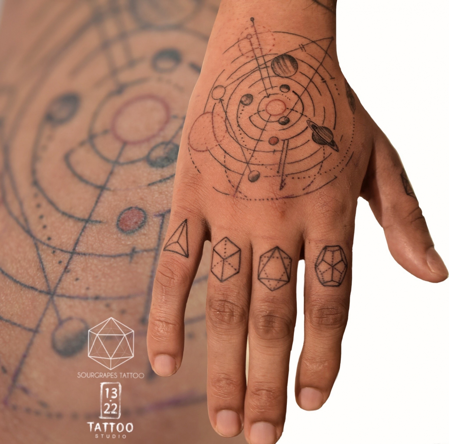 点击大图看下一张：手背上的几何风格图形宇宙星纹身图片