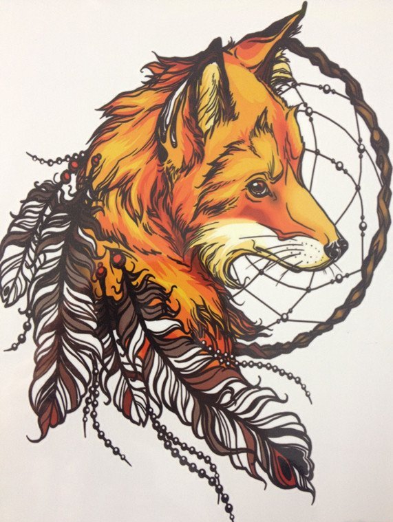 点击大图看下一张：漂亮的狐狸和捕梦网纹身图案手稿素材