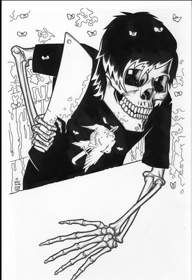 点击大图看下一张：一张骷髅拿刀砍自己手臂的个性纹身图案