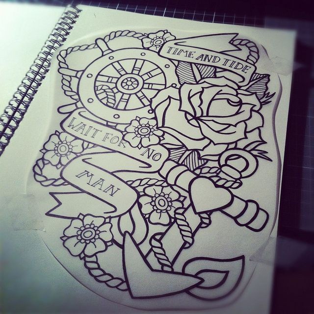 点击大图看下一张：航海题材的手稿纹身图案