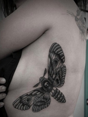 女子左侧肋上帅气的黑灰色飞蛾纹身图片