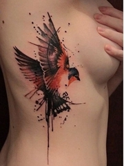 女性右侧肋上漂亮的水彩鸟纹身图片
