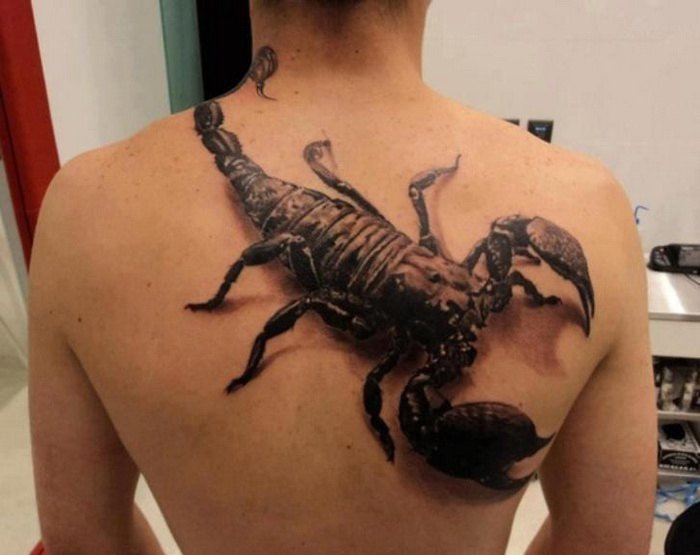 点击大图看下一张：男性背部威猛帅气的蝎子纹身图案