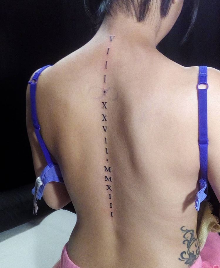 点击大图看下一张：女孩脊椎上一行罗马数字纹身图片